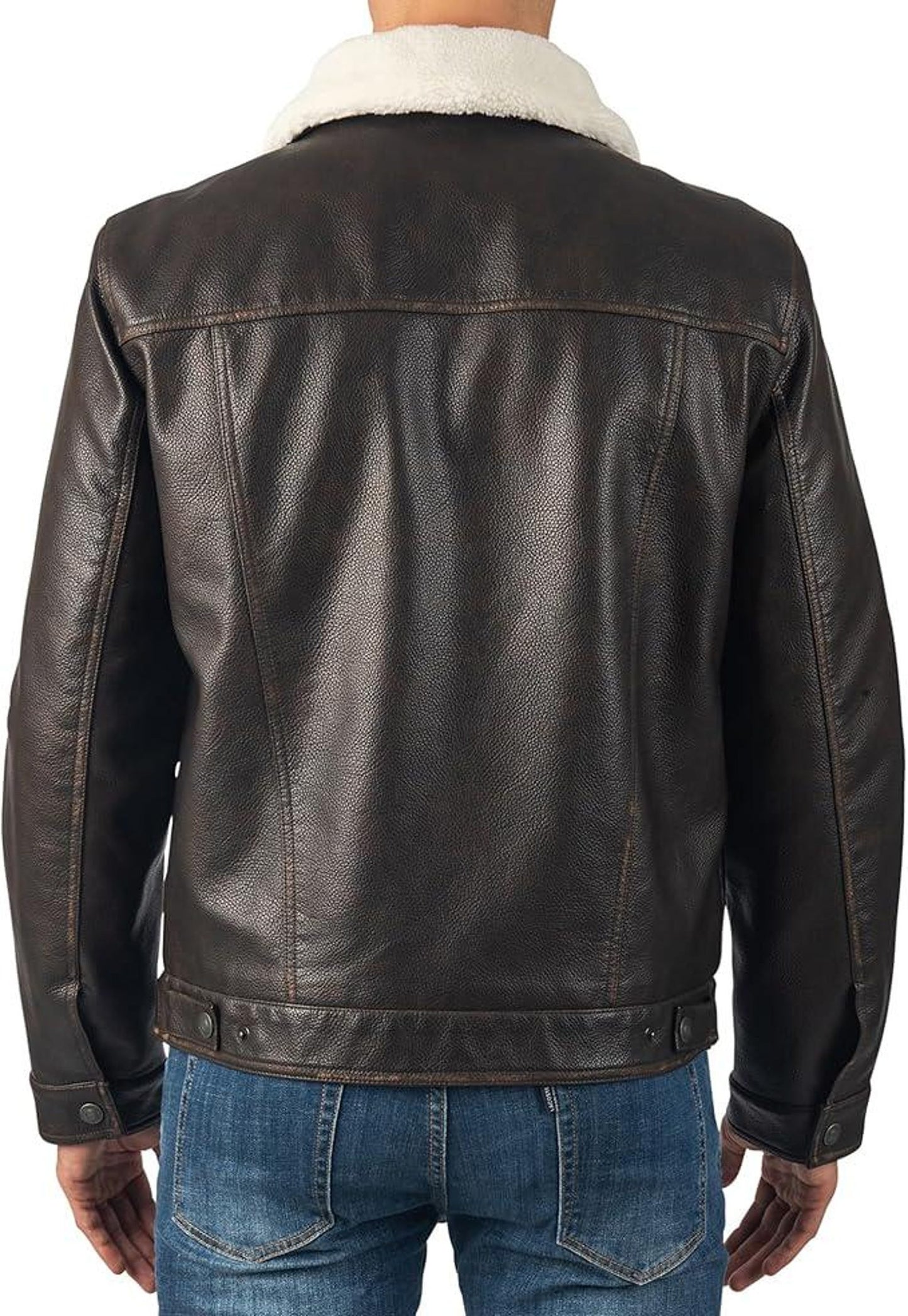 Stylish Vegan Leather Trucker Jacket – Warm Sherpa Collar Men’s Outerwear