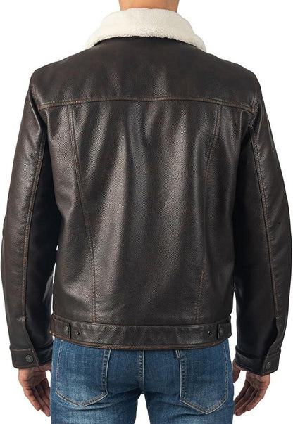 Stylish Vegan Leather Trucker Jacket – Warm Sherpa Collar Men’s Outerwear