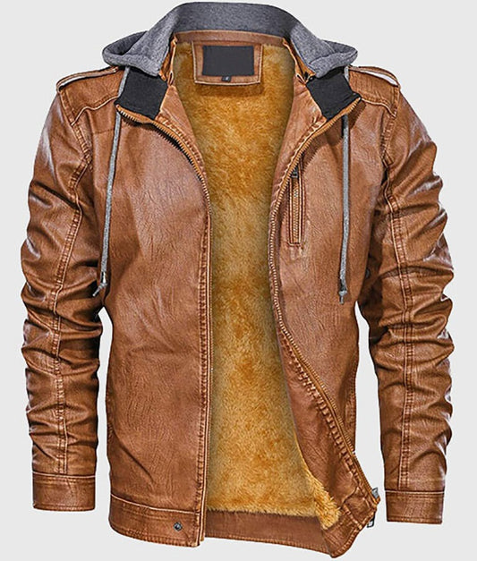David Men’s Distressed Brown Hooded Leather Jacket – Rugged Outdoor Street Style