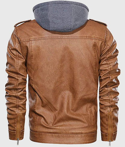 David Men’s Distressed Brown Hooded Leather Jacket – Rugged Outdoor Street Style