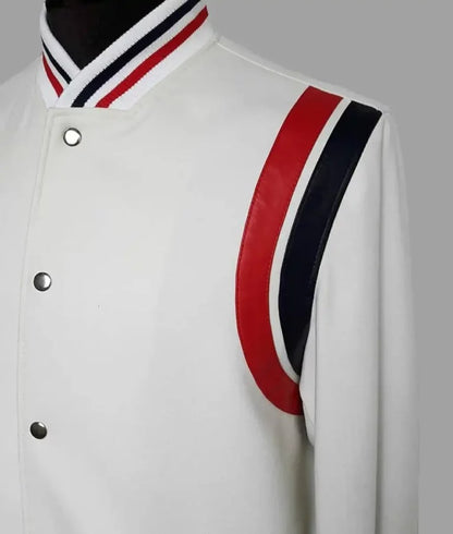 Mack Men’s White Varsity Jacket with Black Stripes