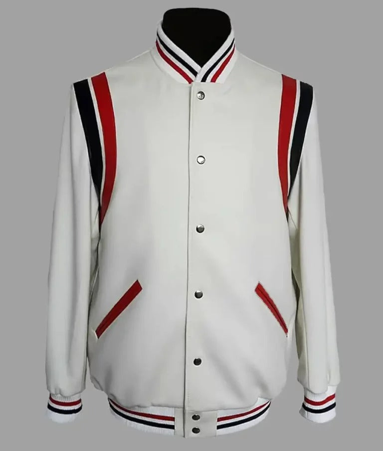 Mack Men’s Varsity Jacket – White Bomber with Black Stripes