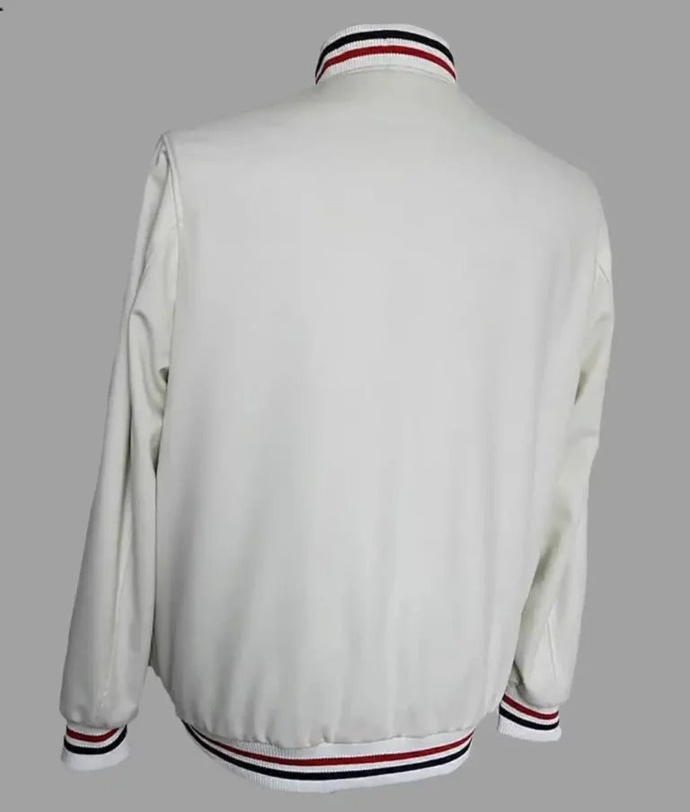 Mack Men’s Varsity Jacket – White Bomber with Black Stripes