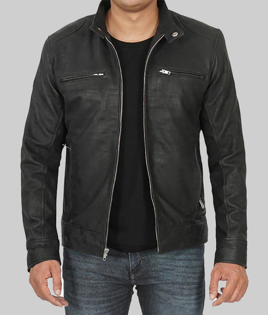 Terry Men’s Black Classic Real Leather Cafe Racer Jacket