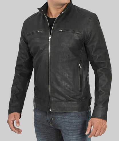 Terry Men’s Black Classic Real Leather Cafe Racer Jacket