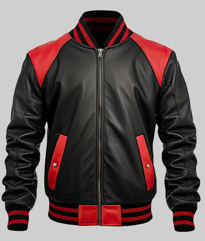 Terry Men’s Red & Black Leather Varsity Bomber Jacket
