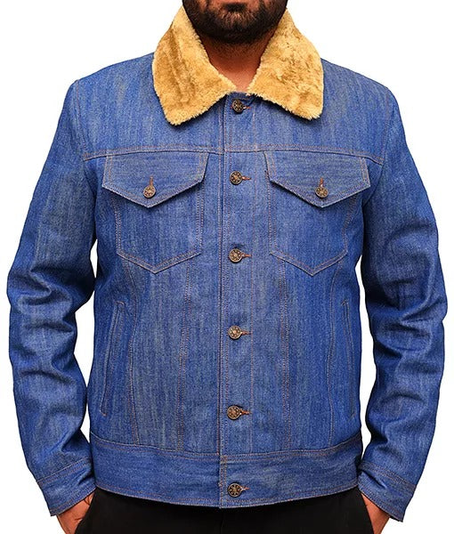Men’s Vintage Denim Trucker Jacket with Shearling Collar