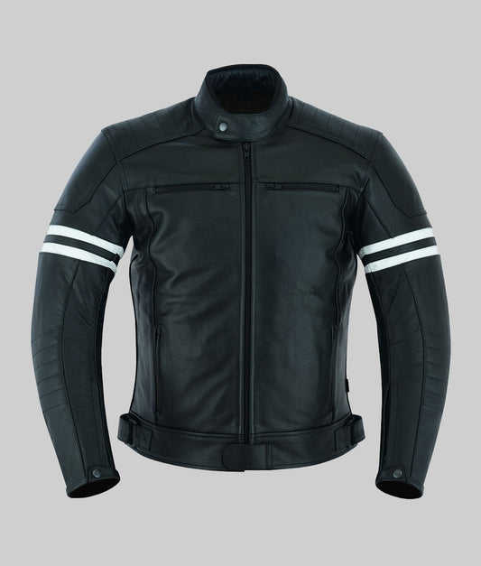 Theo Men’s Black Striped Stylish Cafe Racer Leather Jacket
