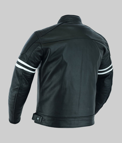 Theo Men’s Black Striped Stylish Cafe Racer Leather Jacket