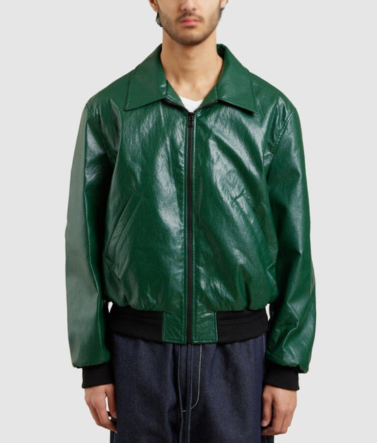 Donald Men’s Distressed Green Leather Bomber Jacket