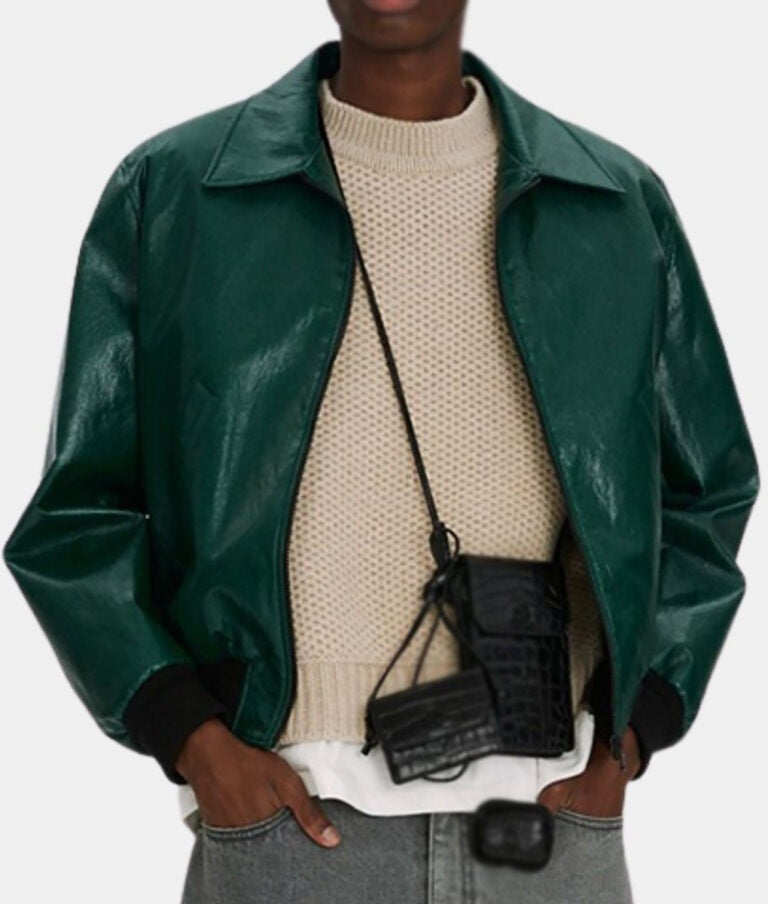 Donald Men’s Distressed Green Leather Bomber Jacket