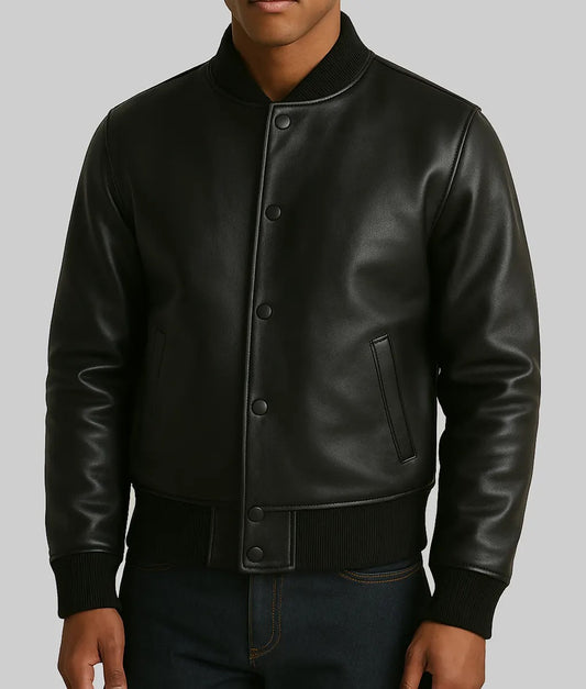 Trendy Men’s Black Real Leather Bomber Jacket