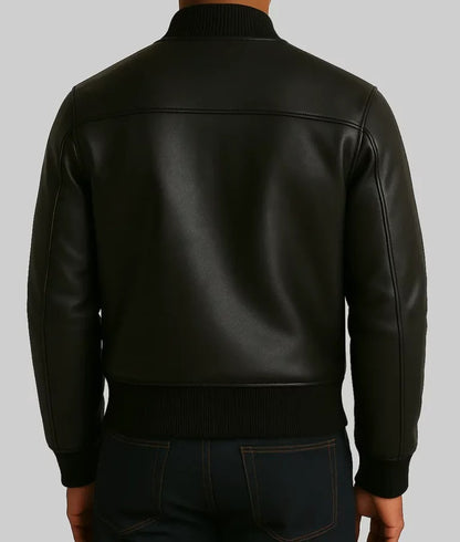 Trendy Men’s Black Real Leather Bomber Jacket