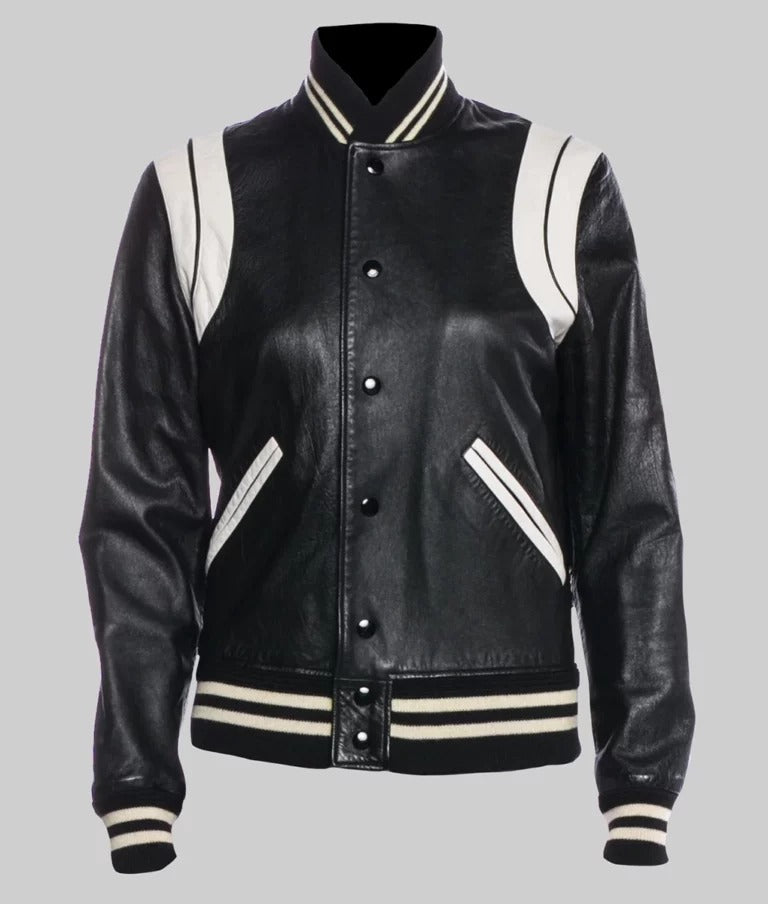 Venus Men’s White & Black Leather Varsity Bomber Jacket