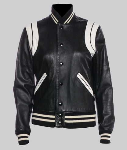 Venus Men’s White & Black Leather Varsity Bomber Jacket