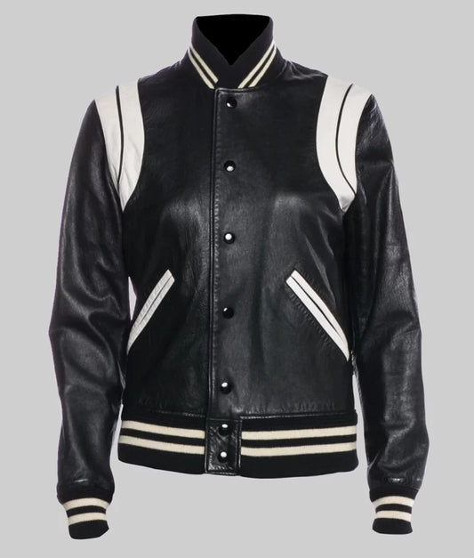 Venus Men’s White & Black Leather Varsity Bomber Jacket