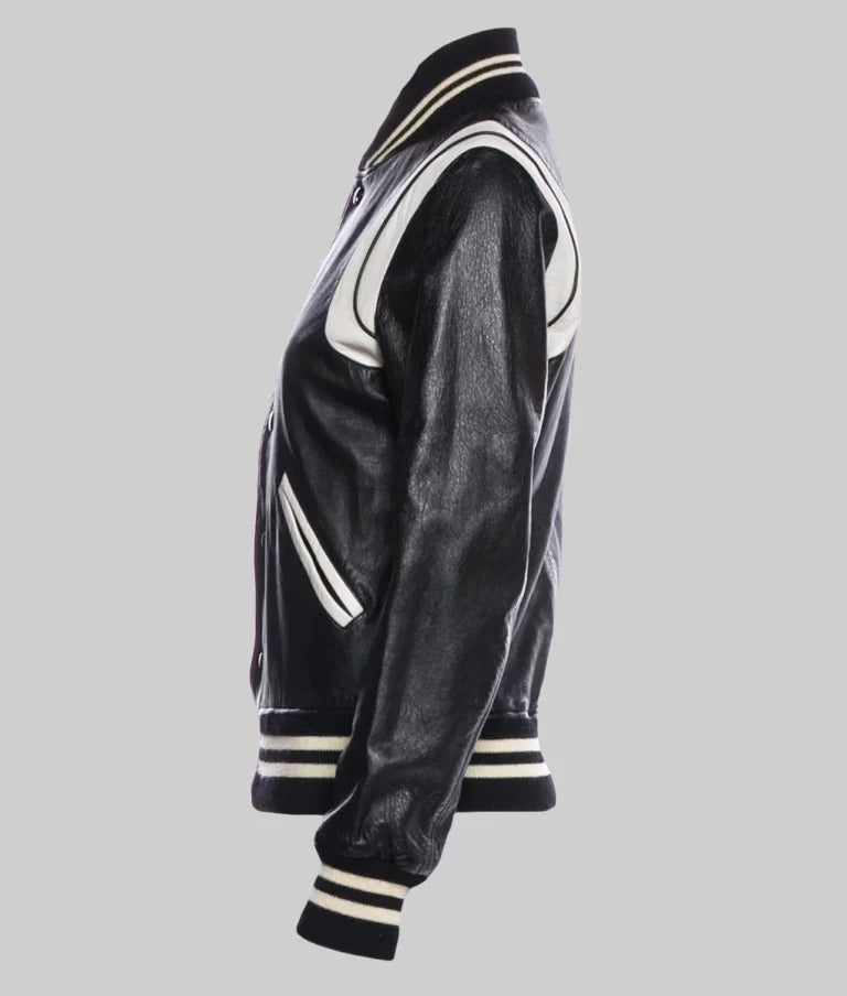 Venus Men’s White & Black Leather Varsity Bomber Jacket