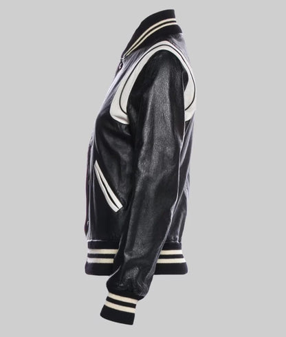 Venus Men’s White & Black Leather Varsity Bomber Jacket