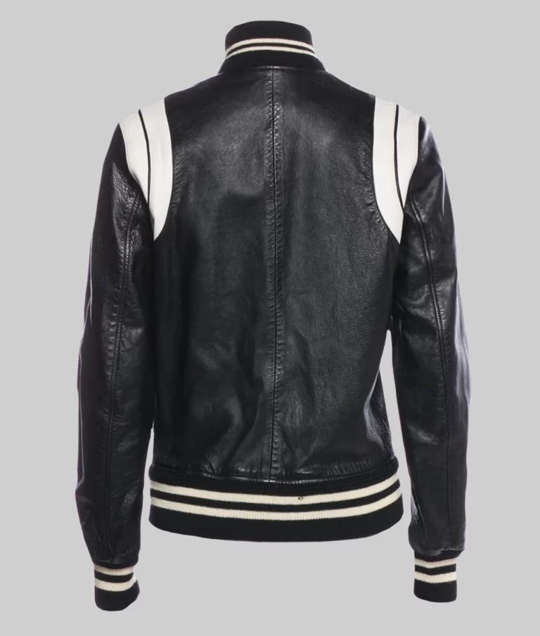 Venus Men’s White & Black Leather Varsity Bomber Jacket