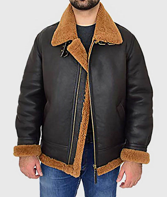 Victor Men’s Black Hooded Shearling B-3 Bomber Leather Jacket