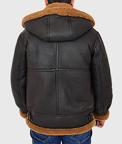 Victor Men’s Black Hooded Shearling B-3 Bomber Leather Jacket