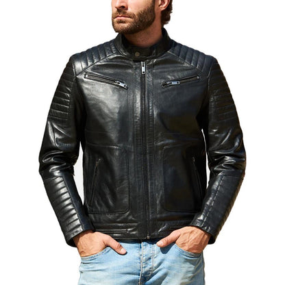 Vintage Café Racer Leather Jacket – Distressed Slim Fit Biker Jacket