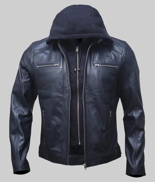 Wallace Men’s Black Hooded Cafe Racer Leather Jacket