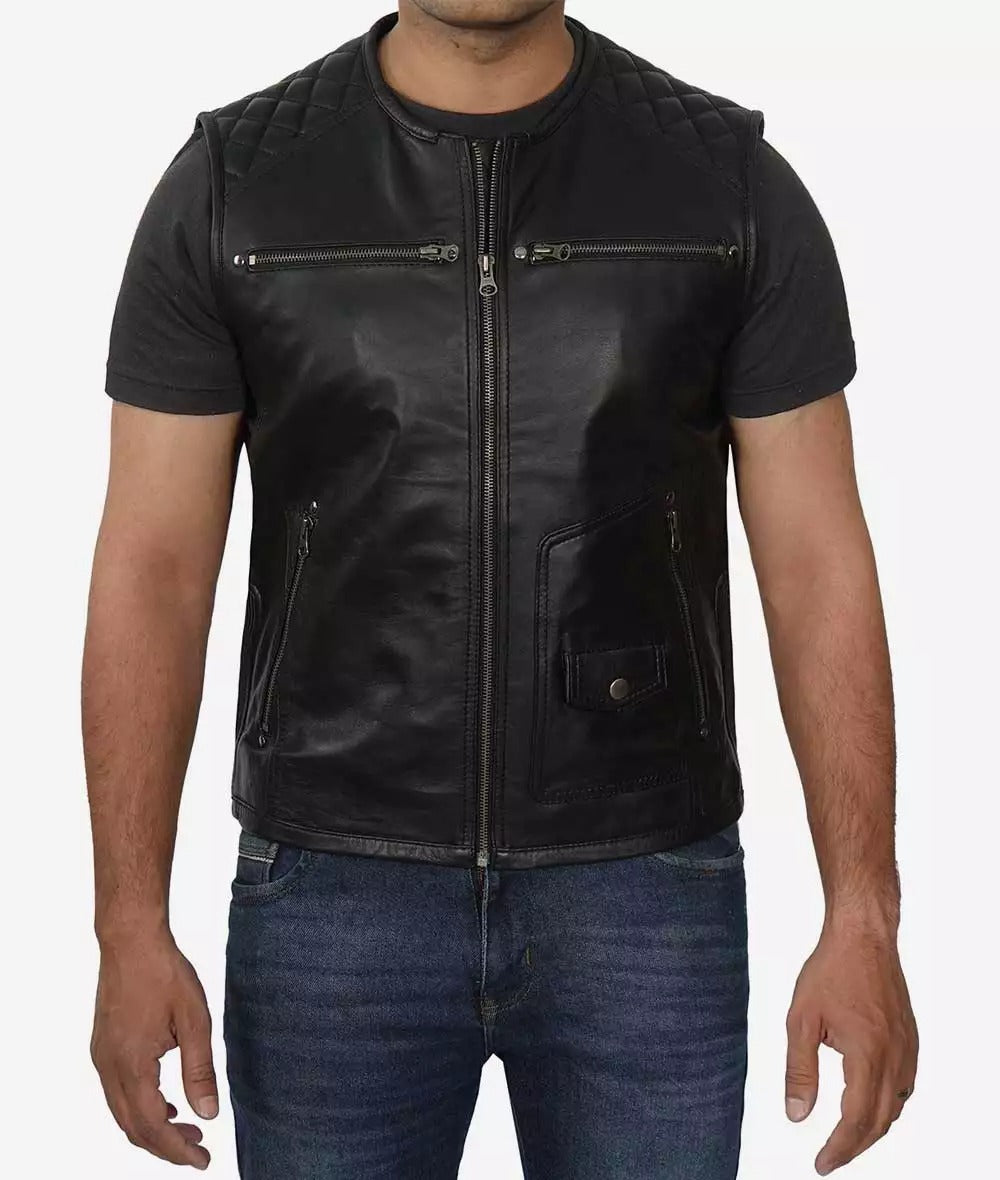 Winston Men's Quilted Black Biker Vest - Real Leather Vest