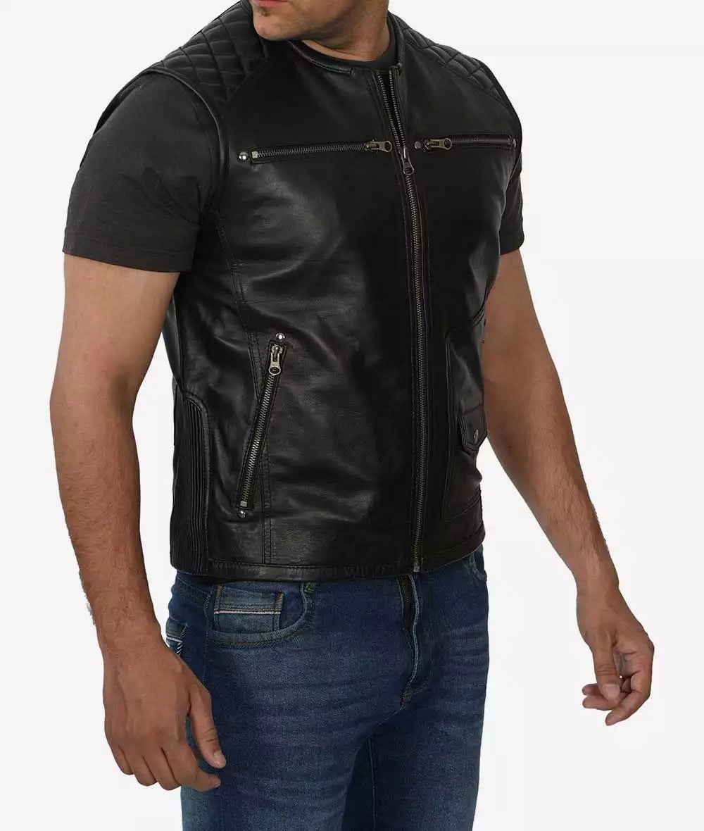 Winston Men's Quilted Black Biker Vest - Real Leather Vest