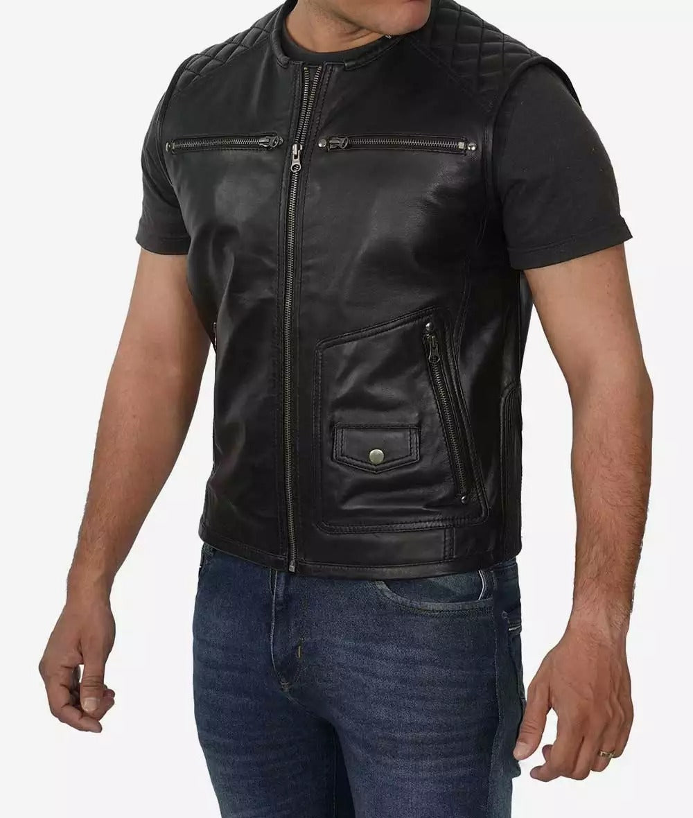 Winston Men's Quilted Black Biker Vest - Real Leather Vest