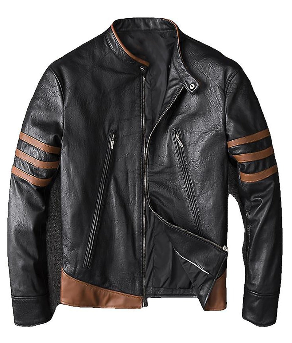 Wolverine Men’s Black Striped Cafe Racer Leather Jacket