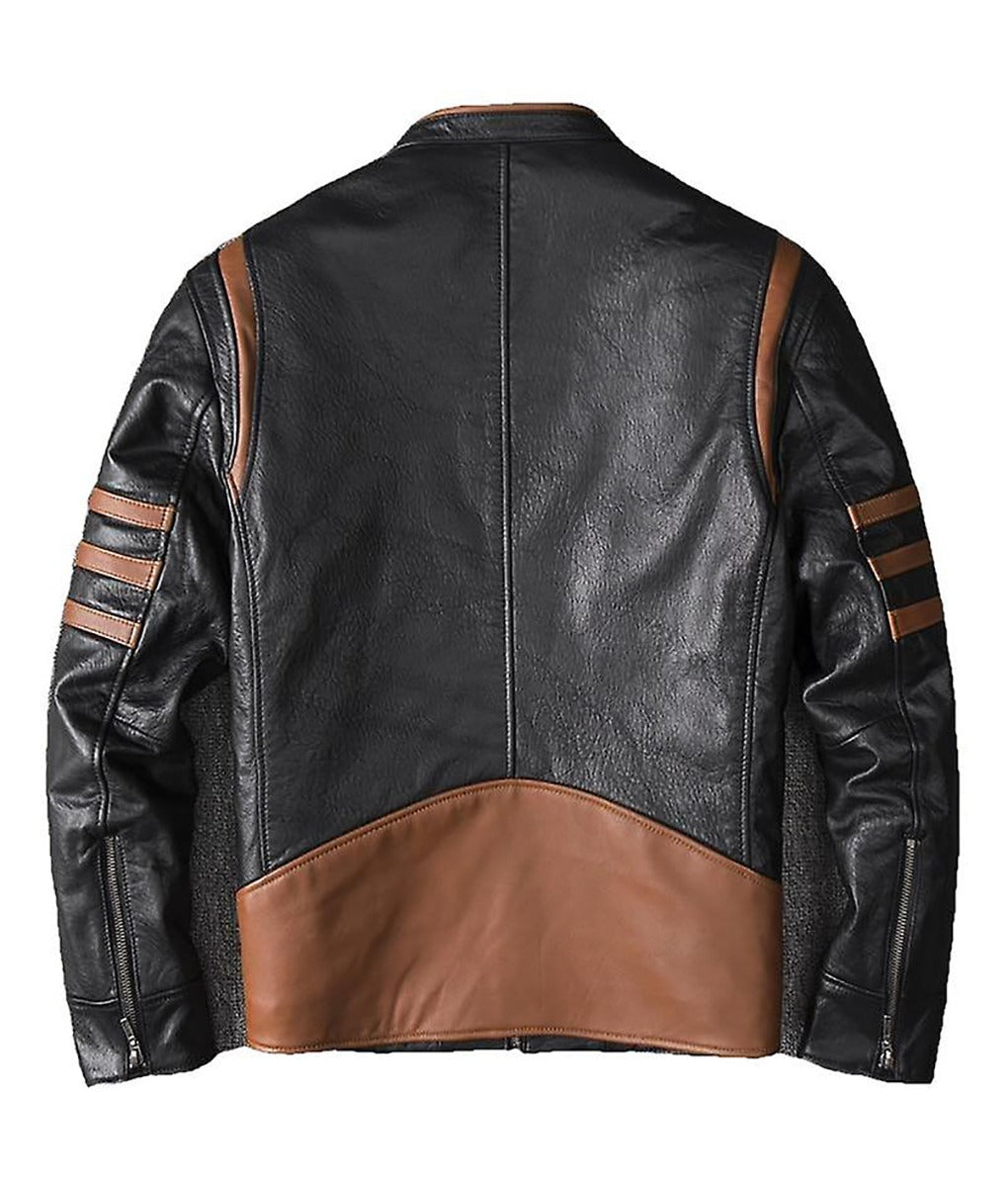 Wolverine Men’s Black Striped Cafe Racer Leather Jacket