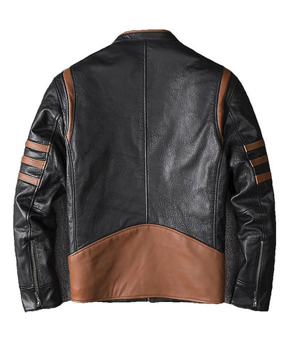 Wolverine Men’s Black Striped Cafe Racer Leather Jacket