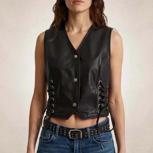 Women Black Real Cowhide Leather Vest With Adjustable Side Lace Biker Style