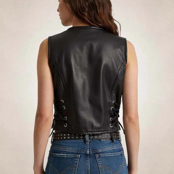 Women Black Real Cowhide Leather Vest With Adjustable Side Lace Biker Style