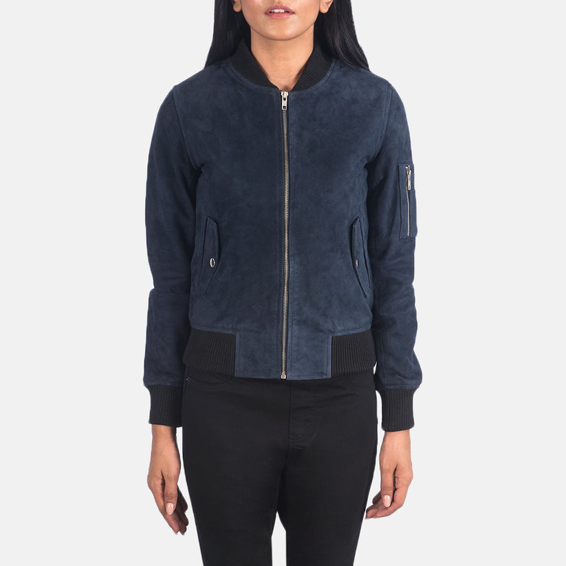 Women's blue western suede leather bomber jacket
