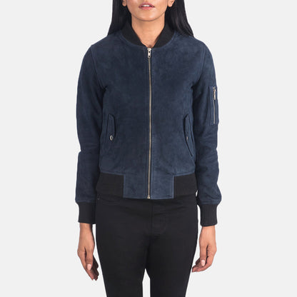 Women's blue western suede leather bomber jacket