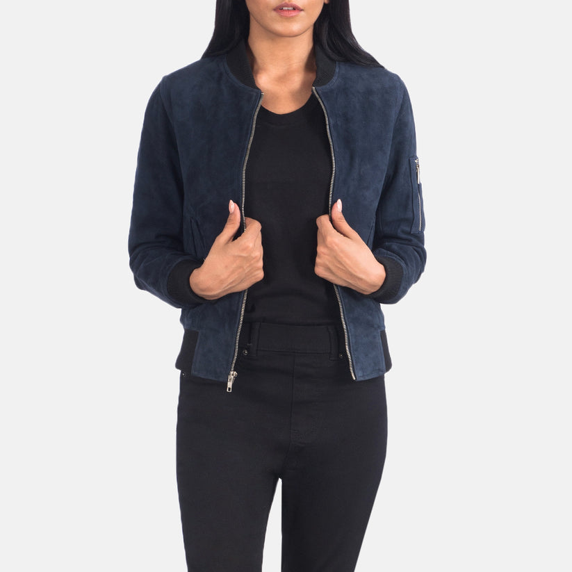 Women's blue western suede leather bomber jacket, view 2
