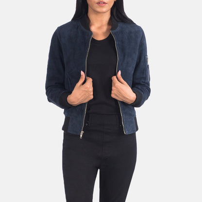 Women's blue western suede leather bomber jacket, view 2