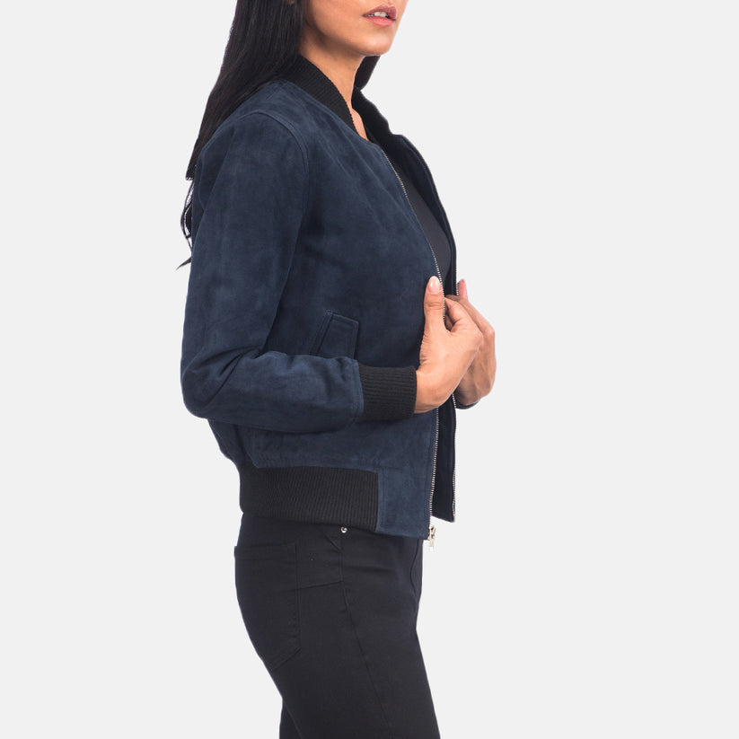 Women's blue western suede leather bomber jacket, view 3