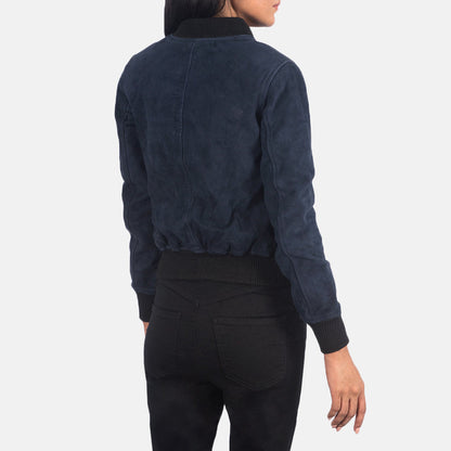 Women's blue western suede leather bomber jacket, view 4