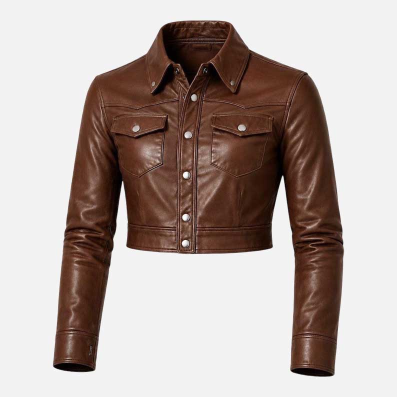 Women Brown Cropped Lambskin Leather Jacket
