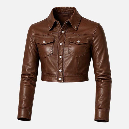 Women Brown Cropped Lambskin Leather Jacket