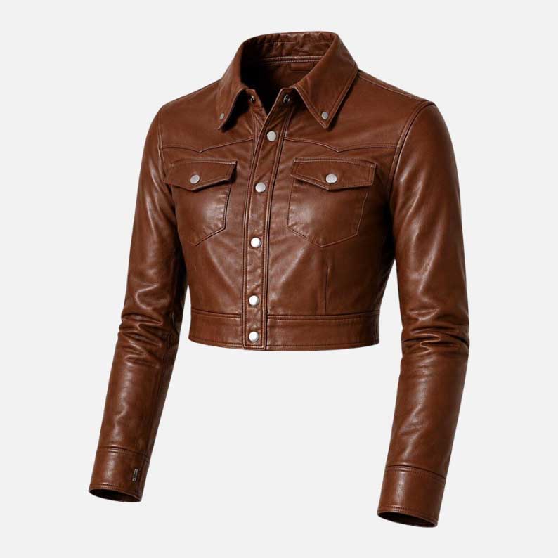 Women Brown Cropped Lambskin Leather Jacket