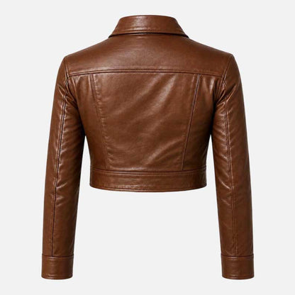 Women Brown Cropped Lambskin Leather Jacket 