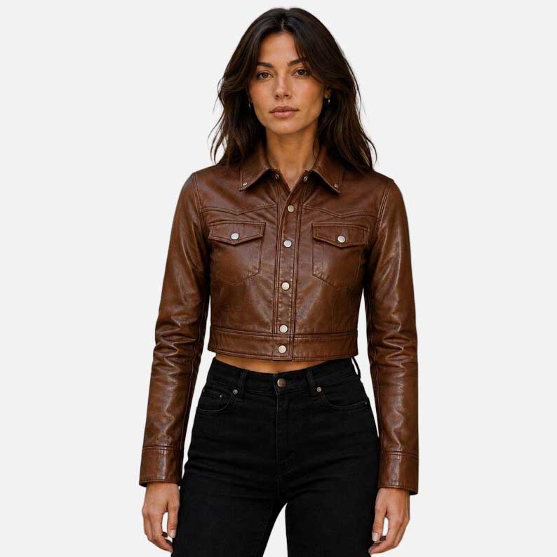Women Brown Cropped Lambskin Leather Jacket 
