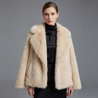 Women's Beige Faux Fur Coat with Plush Winter Comfort