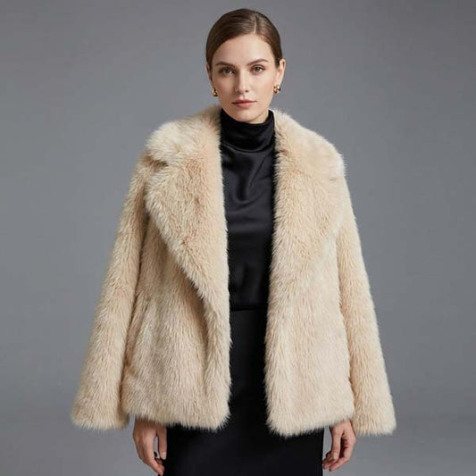 Women's Beige Faux Fur Coat with Plush Winter Comfort