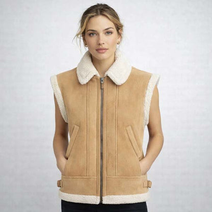 Women's Beige Faux Shearling Vest with Teddy Fleece Comfort
