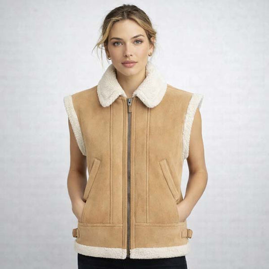 Women's Beige Faux Shearling Vest with Teddy Fleece Comfort